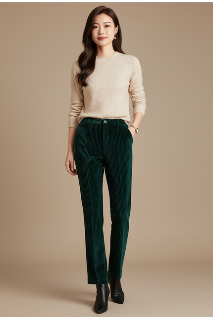 Pantalon Velours Vert Côtelé Droit Femme Élégant - Cordé