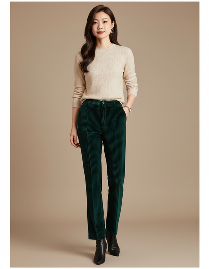 Pantalon Velours Vert Côtelé Droit Femme Élégant - Cordé