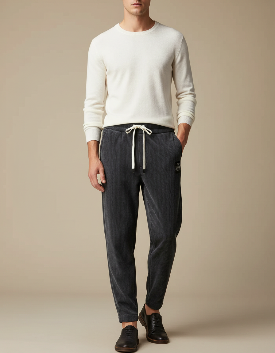 Pantalon Velours Côtelé Gris Anthracite Ample Homme Décontracté - Cordé