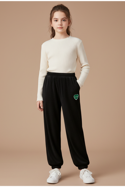 Pantalon Velours Noir Côtelé Ample Cœur Fille - Cordé