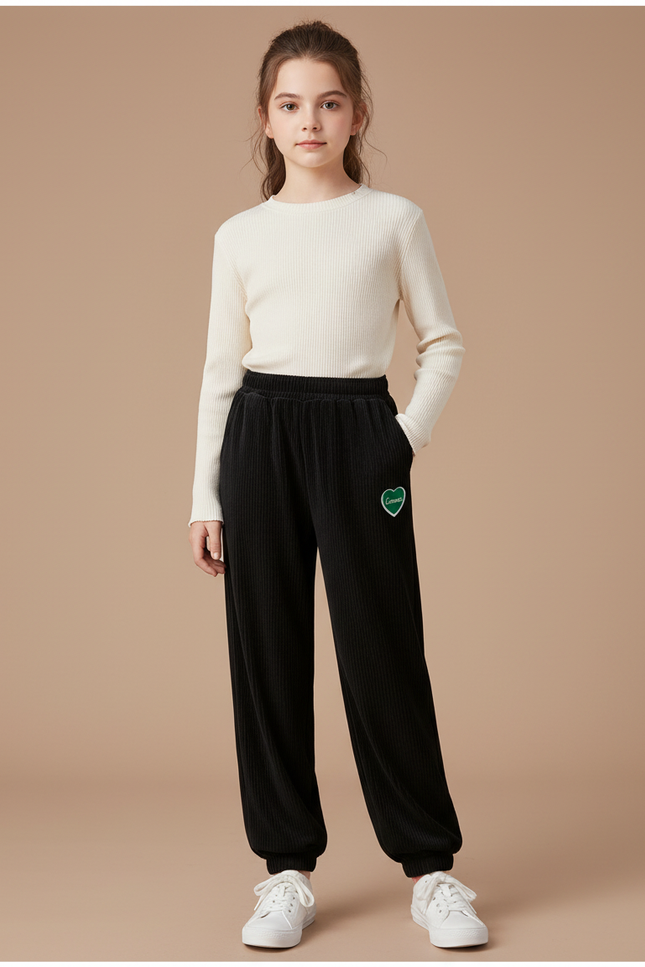 Pantalon Velours Noir Côtelé Ample Cœur Fille - Cordé