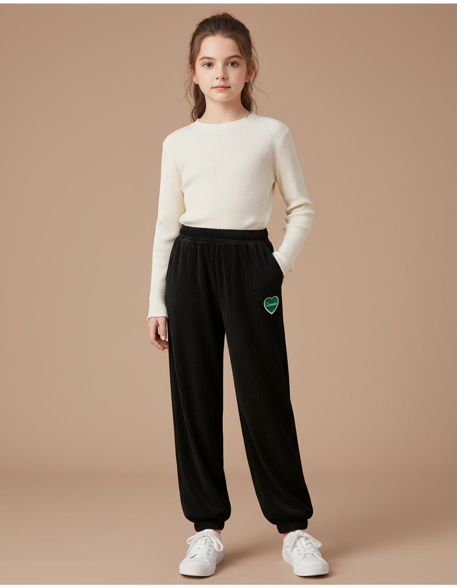 Pantalon Velours Noir Côtelé Ample Cœur Fille - Cordé
