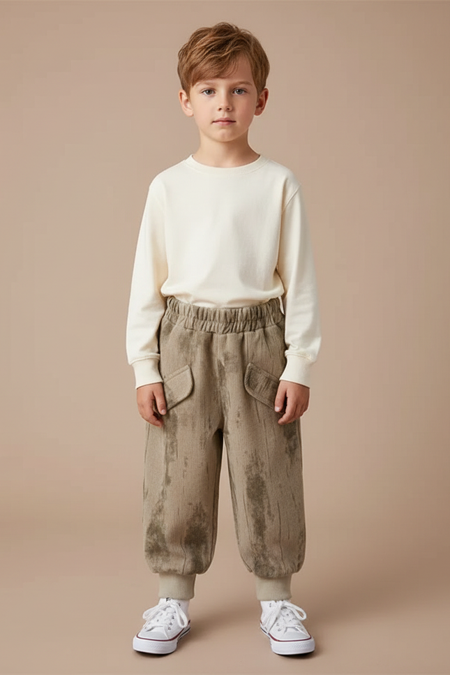 Pantalon Velours Côtelé Ample Marron Décontracté Enfant - Kaki Cordé
