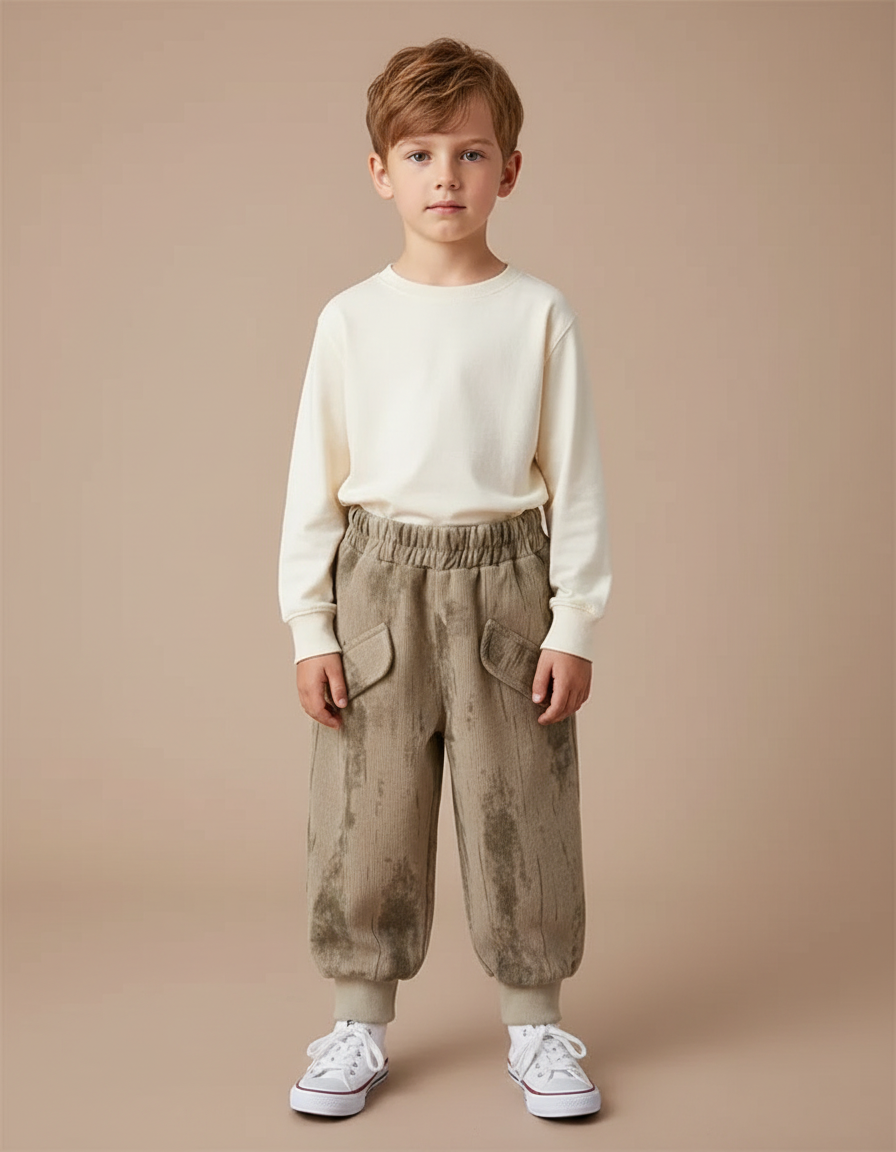 Pantalon Velours Côtelé Ample Marron Décontracté Enfant - Kaki Cordé