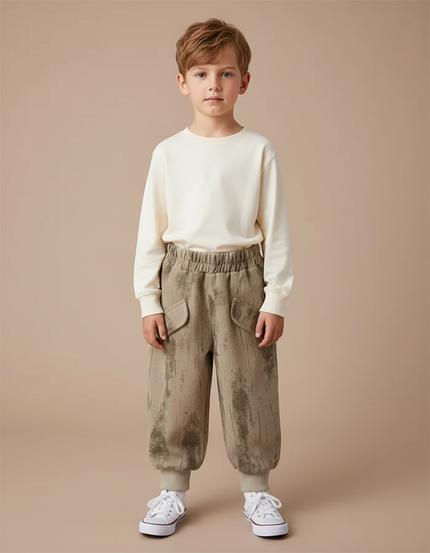 Pantalon Velours Côtelé Ample Marron Décontracté Enfant - Kaki Cordé