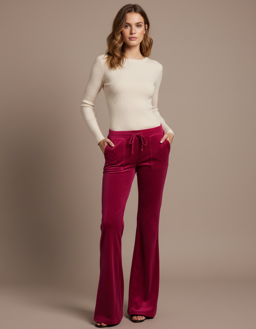 Pantalon Velours Fuschia Évasé Cordon Chic Femme - Rose