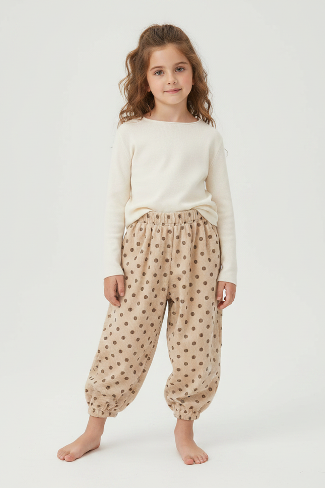 Pantalon Velours Beige Ample Points Marrons Enfant - Cordé