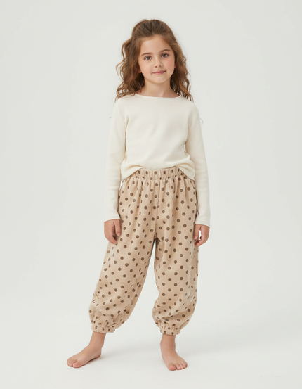 Pantalon Velours Beige Ample Points Marrons Enfant - Cordé
