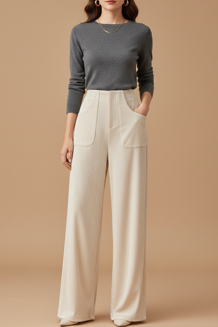 Pantalon Velours Beige Ample Décontracté Évasé Chic