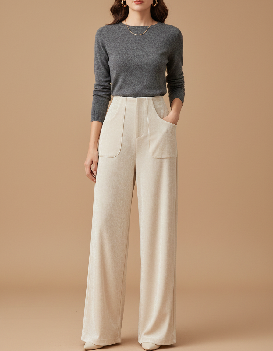 Pantalon Velours Beige Ample Décontracté Évasé Chic