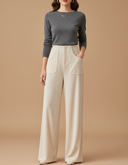 Pantalon Velours Beige Ample Décontracté Évasé Chic