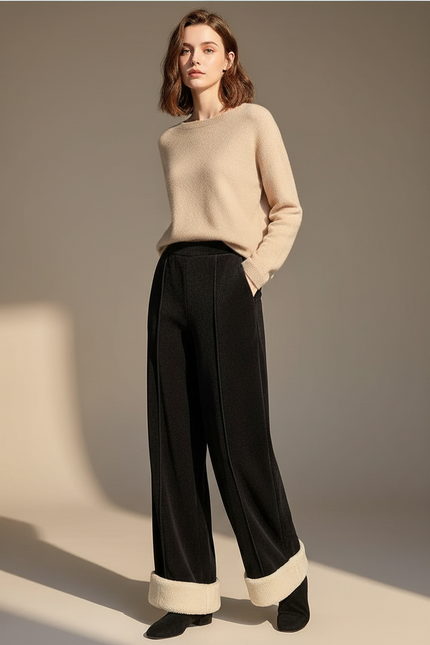 Pantalon Velours Noir Large Doublé Polaire Femme
