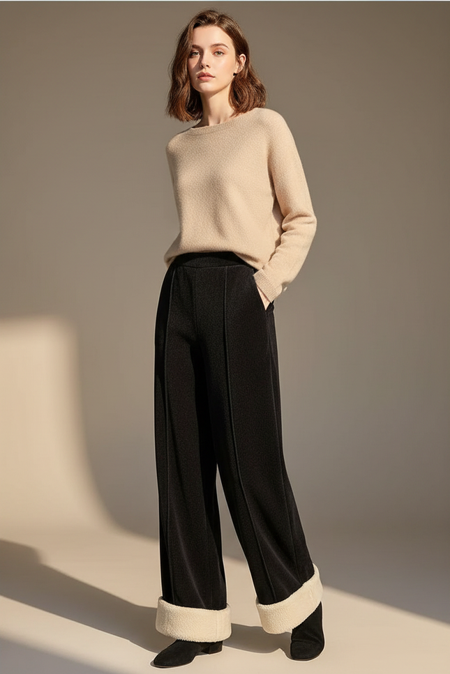 Pantalon Velours Noir Large Doublé Polaire Femme