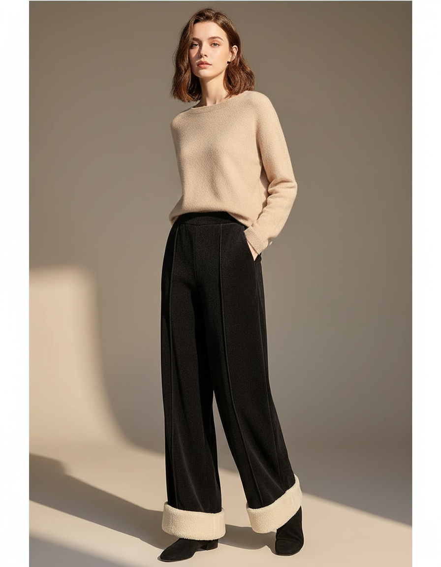 Pantalon Velours Noir Large Doublé Polaire Femme