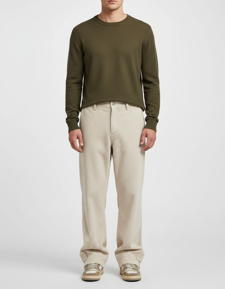 Pantalon Velours Beige Côtelé Ample Décontracté Homme - Cordé