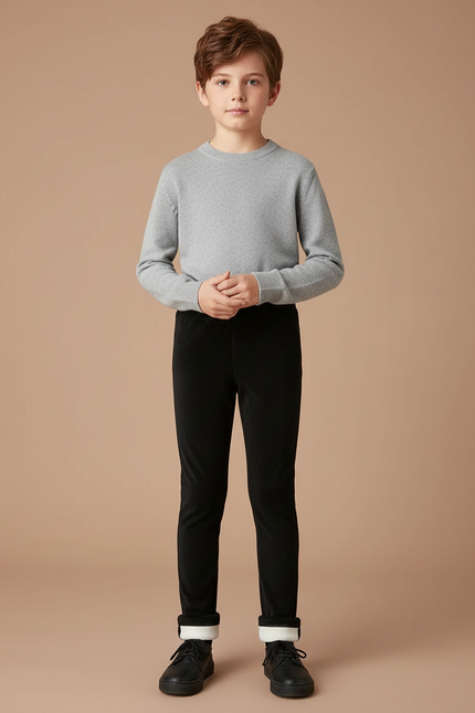 Pantalon Velours Noir Doublé Chaud Élastique Garçon