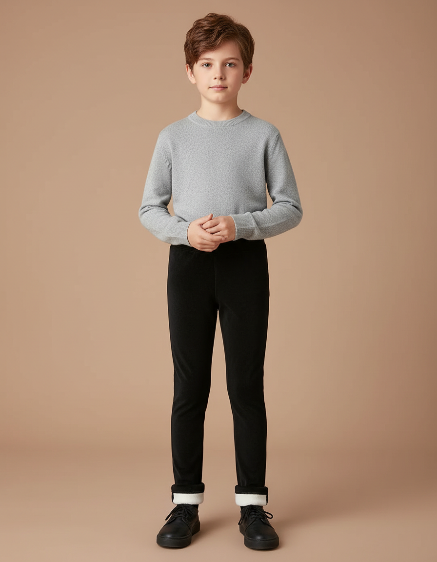Pantalon Velours Noir Doublé Chaud Élastique Garçon