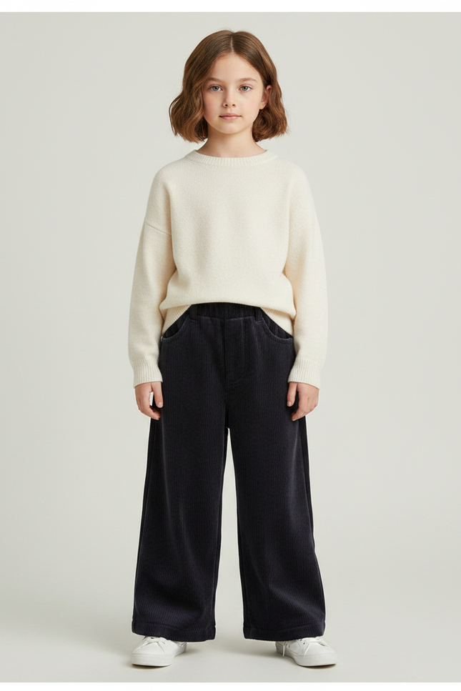 Pantalon Velours Côtelé Noir Ample Enfant Hiver - Cordé