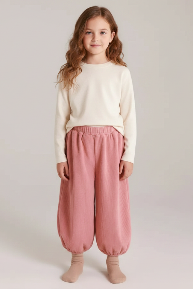 Pantalon Velours Rose Côtelé Ample Décontracté Enfant