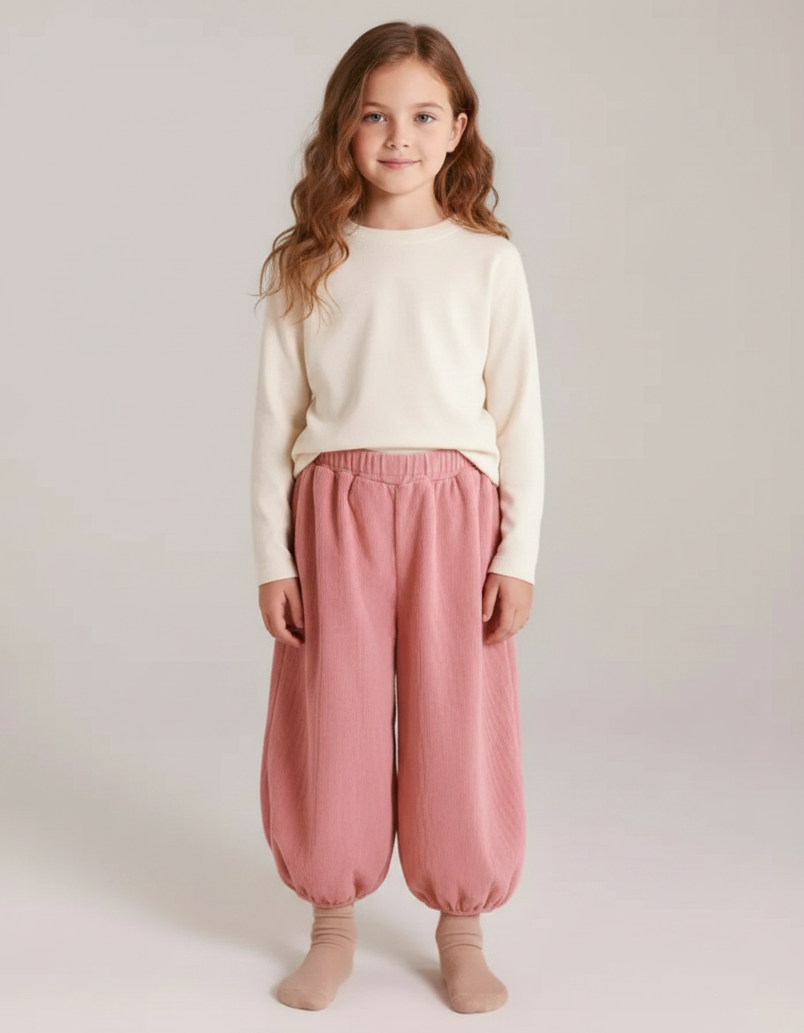 Pantalon Velours Rose Côtelé Ample Décontracté Enfant