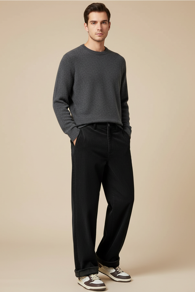 Pantalon Velours Noir Côtelé Ample Droit Décontracté Homme - Cordé