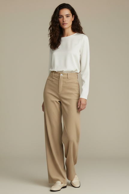 Pantalon Velours Beige Côtelé Large Taille Haute Élégant - Cordé