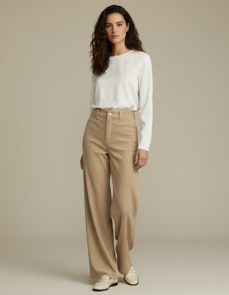Pantalon Velours Beige Côtelé Large Taille Haute Élégant - Cordé