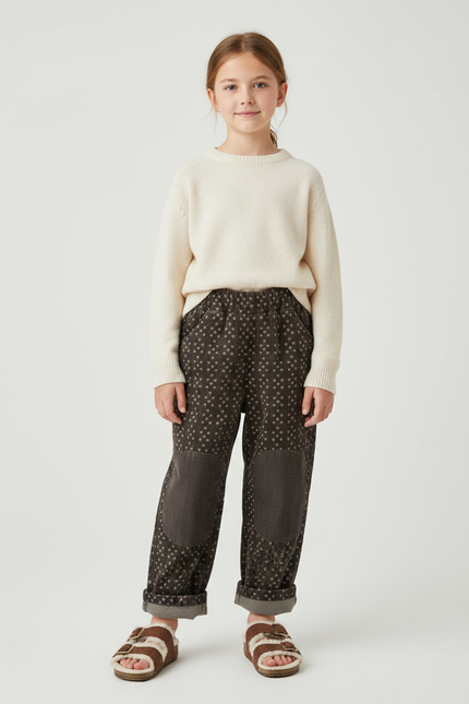 Pantalon Velours Marron Ample Motif Patchwork Genouillères