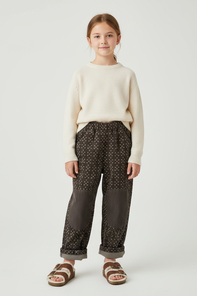Pantalon Velours Marron Ample Motif Patchwork Genouillères