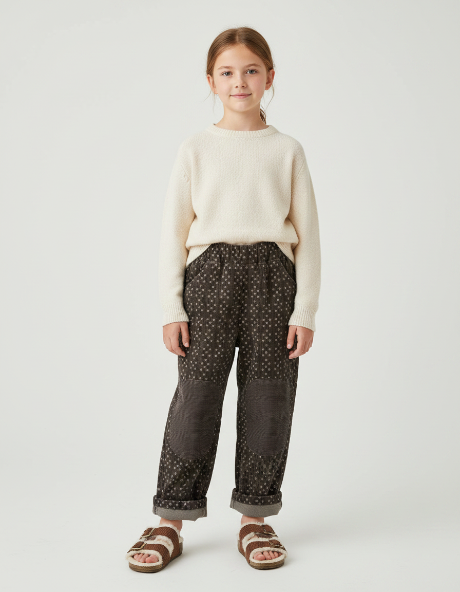 Pantalon Velours Marron Ample Motif Patchwork Genouillères