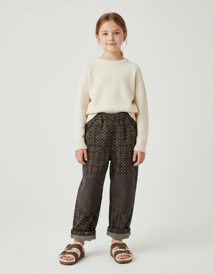 Pantalon Velours Marron Ample Motif Patchwork Genouillères