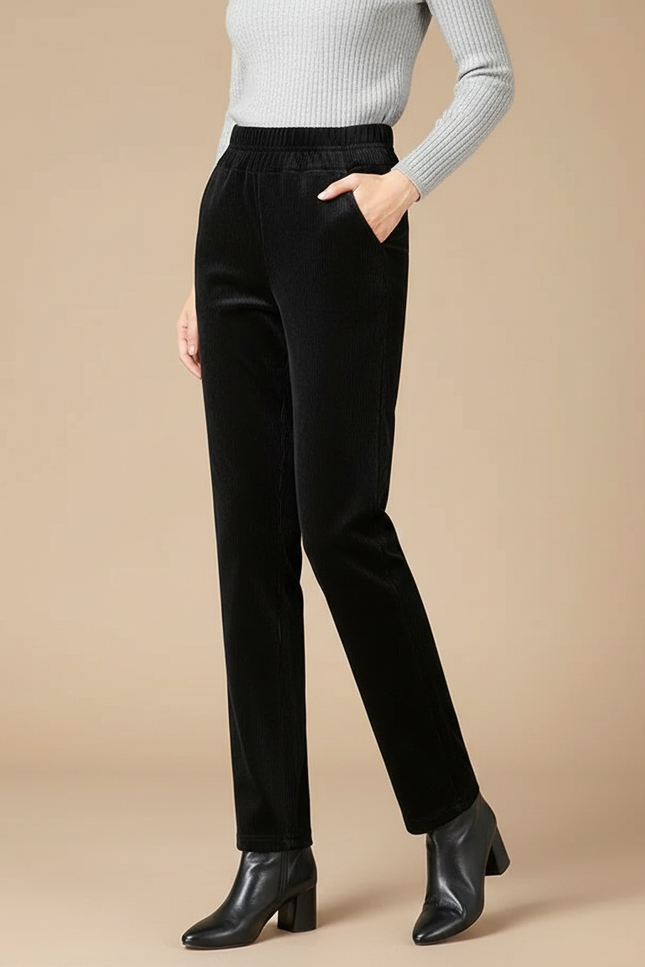 Pantalon Velours Côtelé Noir Droit Taille Élastique Femme - Cordé