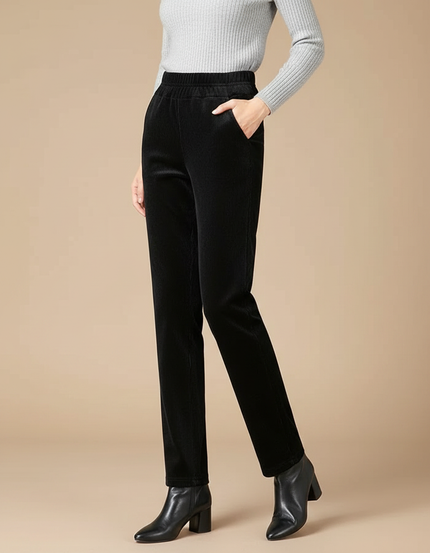 Pantalon Velours Côtelé Noir Droit Taille Élastique Femme - Cordé