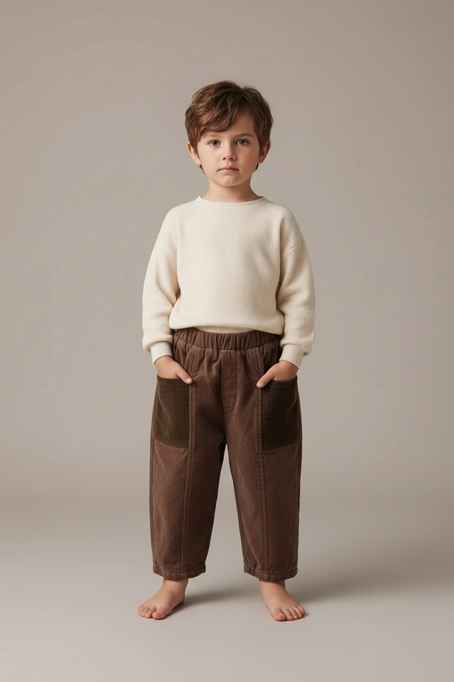 Pantalon Velours Marron Côtelé Harem Ample Élastique Garçon - Cordé