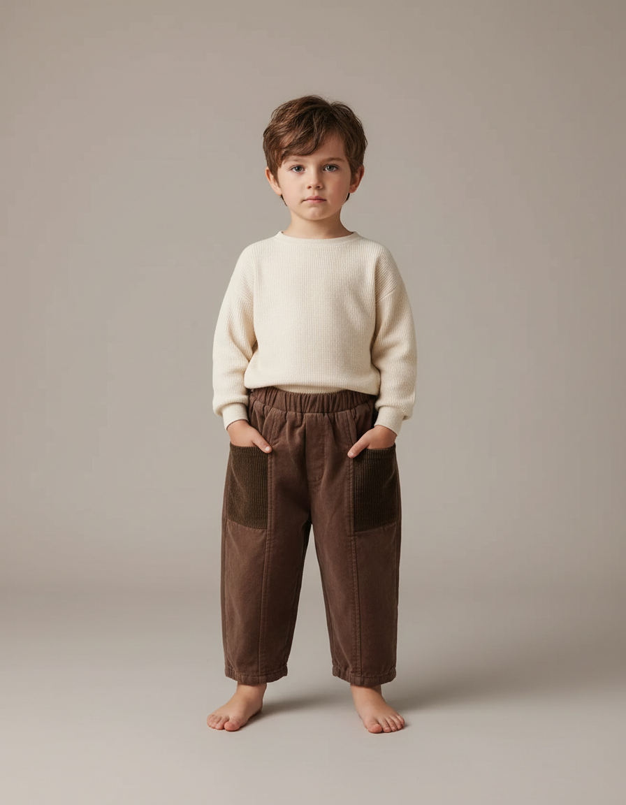 Pantalon Velours Marron Côtelé Harem Ample Élastique Garçon - Cordé