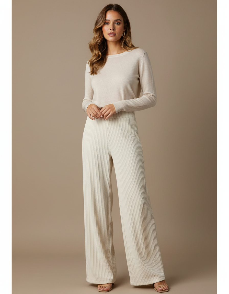 Pantalon Velours Crème Ample Côtelé Décontracté Femme - Beige Cordé