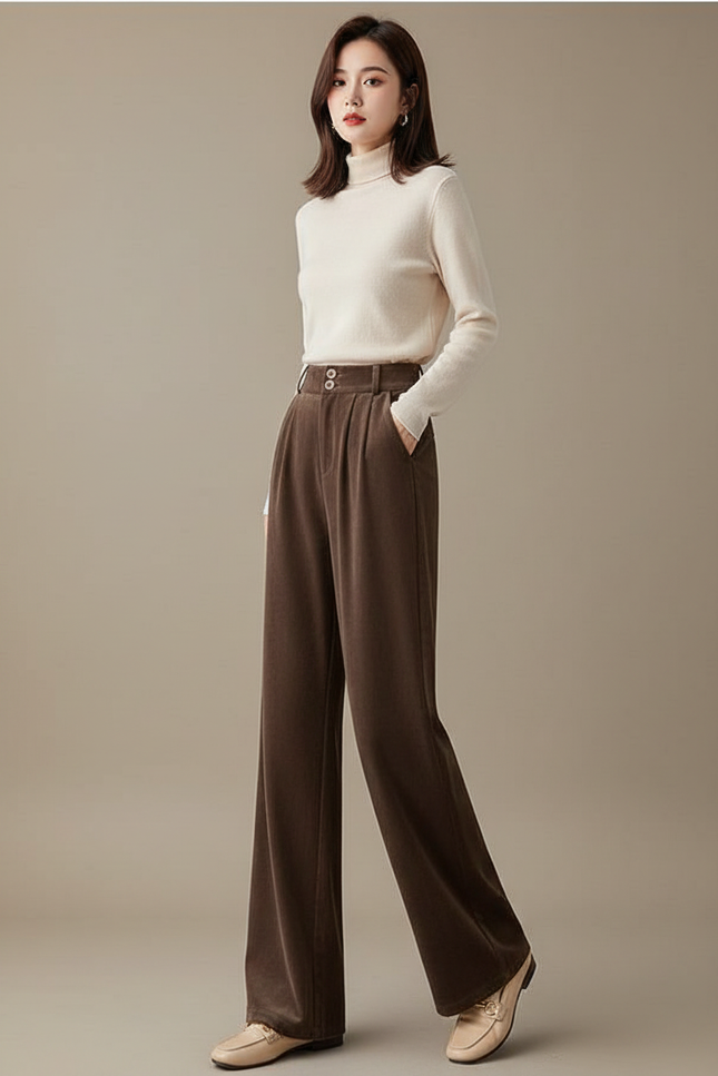 Pantalon Velours Marron Large Évasé Confortable Femme