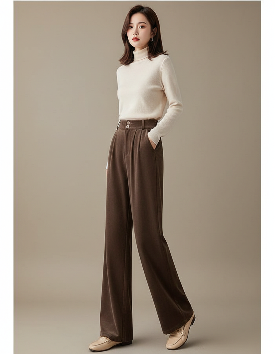 Pantalon Velours Marron Large Évasé Confortable Femme