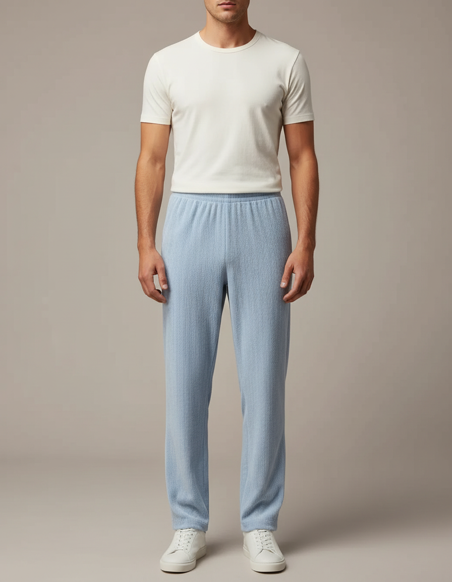 Pantalon Velours Bleu Ciel Côtelé Droit Décontracté - Cordé