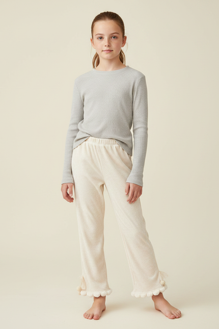Pantalon Velours Écru Ample Pompons Fille - Beige