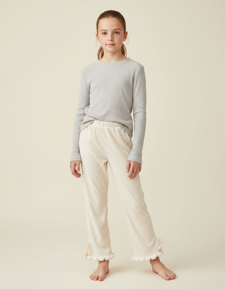 Pantalon Velours Écru Ample Pompons Fille - Beige