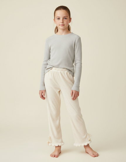 Pantalon Velours Écru Ample Pompons Fille - Beige