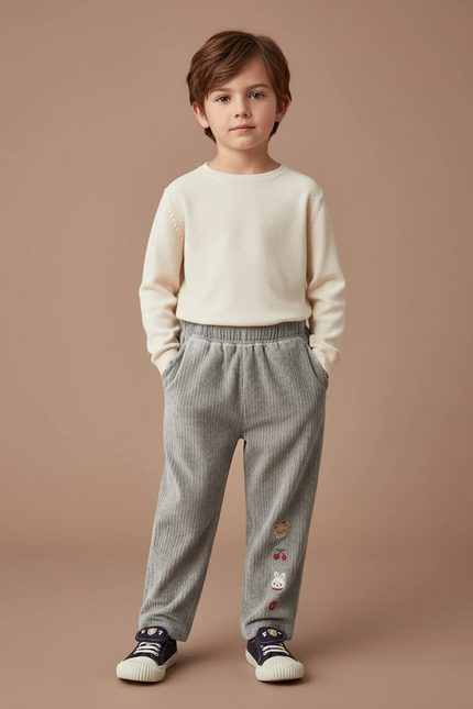 Pantalon Velours Côtelé Gris Enfant Brodé Décontracté - Cordé