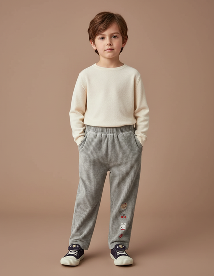 Pantalon Velours Côtelé Gris Enfant Brodé Décontracté - Cordé