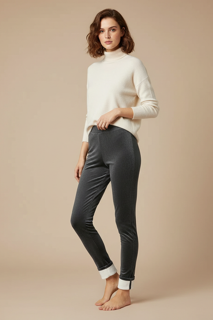 Pantalon Velours Gris Slim Doublé Polaire Femme