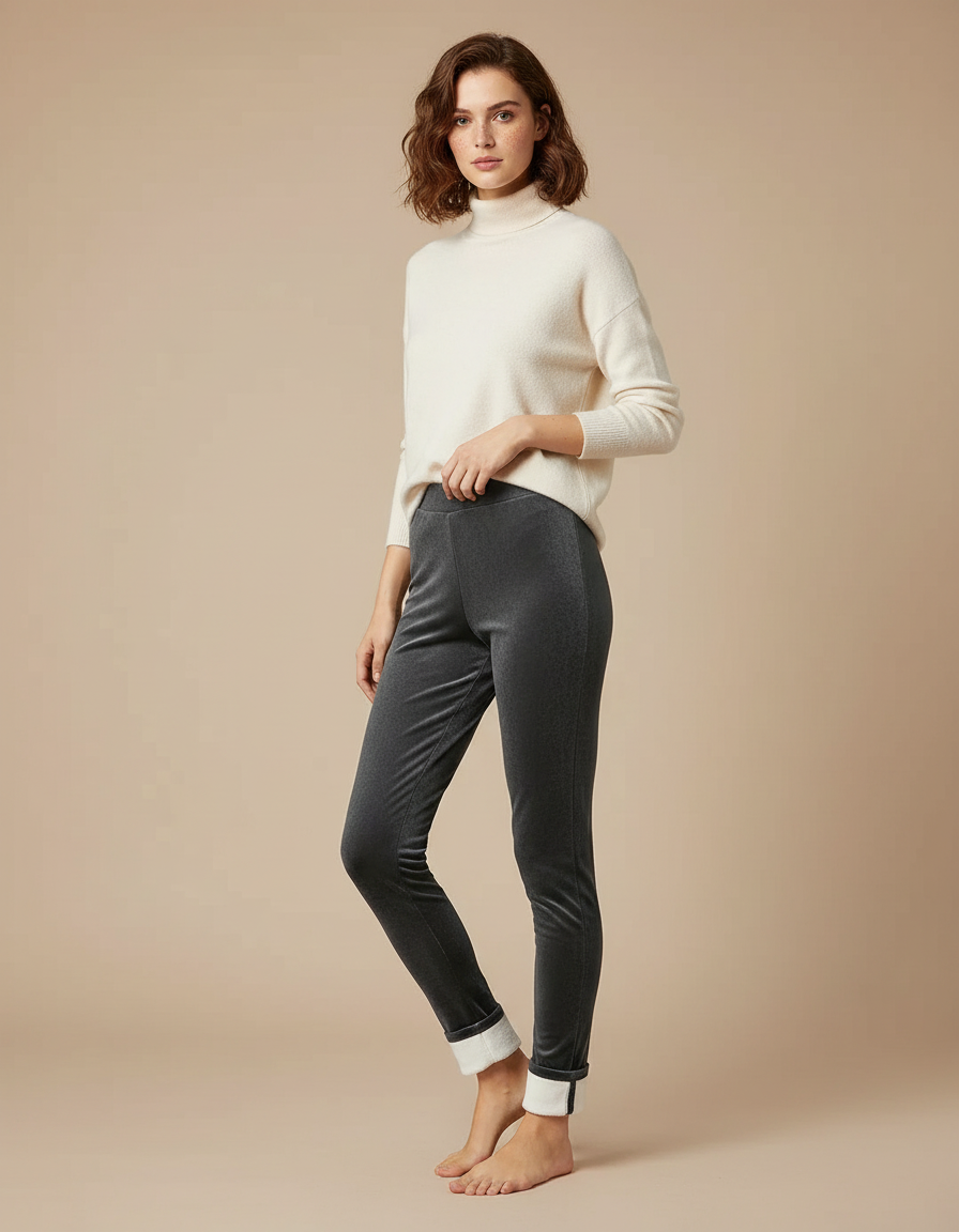 Pantalon Velours Gris Slim Doublé Polaire Femme