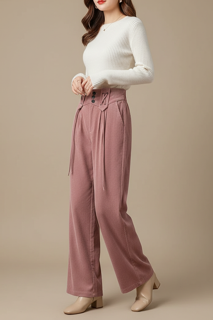 Pantalon Velours Rose Côtelé Ample Taille Haute - Cordé