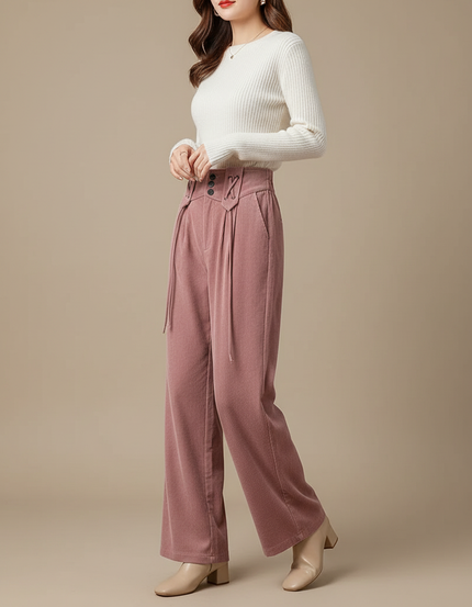 Pantalon Velours Rose Côtelé Ample Taille Haute - Cordé