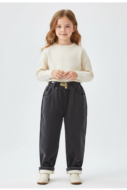 Pantalon Velours Gris Côtelé Doublé Chaud Enfant - Cordé