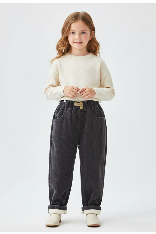 Pantalon Velours Gris Côtelé Doublé Chaud Enfant - Cordé